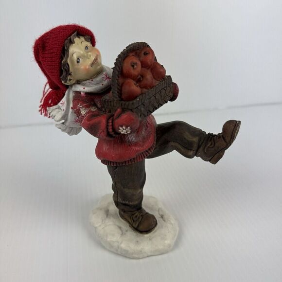 Vintage Boy Carrying Apple Basket Rare Statue Winter Hat Scarf Red Figurine - Picture 11 of 12